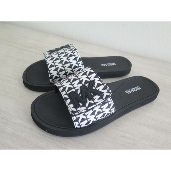 Michael Kors Wade Women's Size 6 MK Signature Logo Slide Sandals Black White - Picture 4 of 11